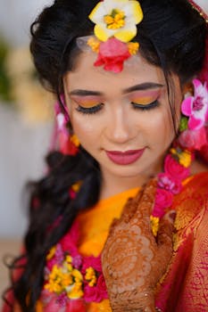A beautiful bride in traditional attire with intricate henna and vibrant floral adornments.