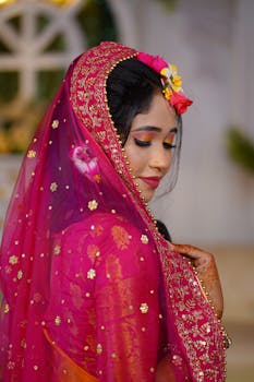 Beautiful bride in traditional attire with vibrant makeup and intricate patterns.