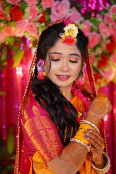 Beautiful portrait of a South Asian bride in vibrant attire and floral adornments.