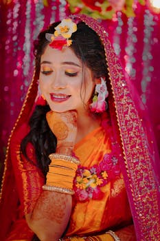Captivating portrait of a South Asian bride adorned in traditional vibrant attire and henna designs.