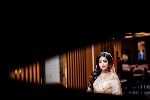 Stunning portrait of a bride in ornate attire captured in a stylish indoor setting.