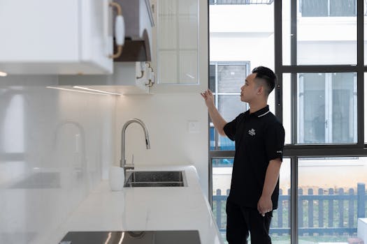 A man in black examines a kitchen cabinet inside a modern apartment with large windows.
