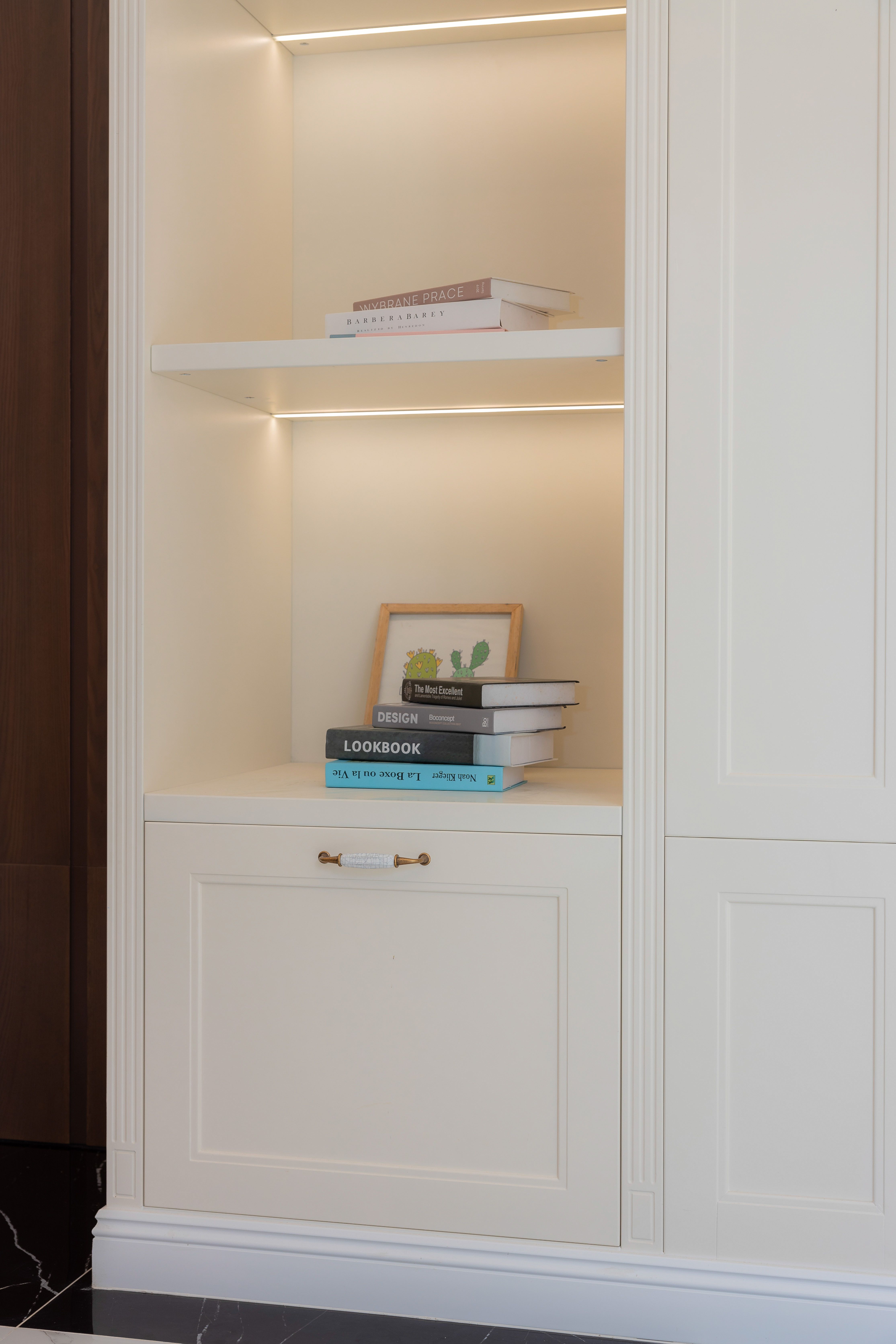 open built in corner kitchen cabinet converted to a small coffee bar with shelves