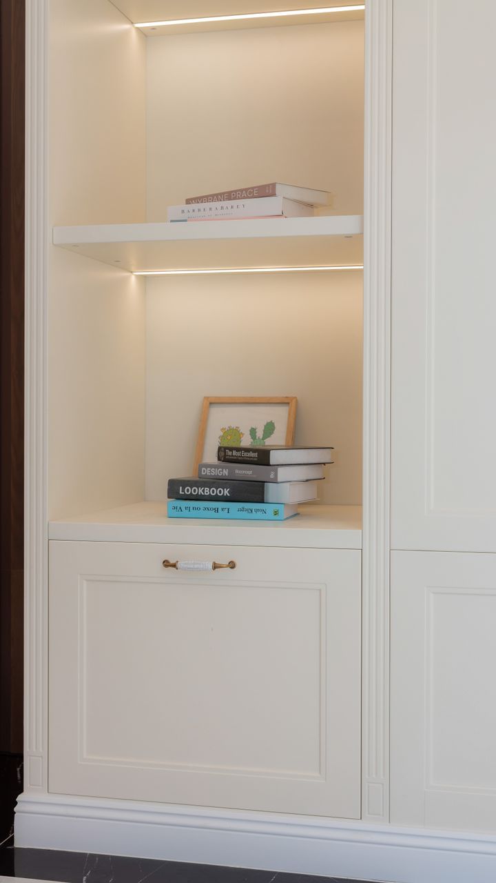 open built in corner kitchen cabinet converted to a small coffee bar with shelves