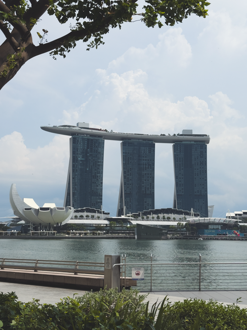Free View of Marina Bay Sands and ArtScience Museum on a sunny day in Singapore. Stock Photo