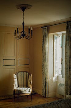 Sunlit vintage interior room with antique chair and open window, exuding warmth.