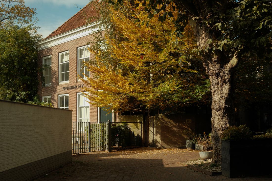 Charming brick building in autumn setting