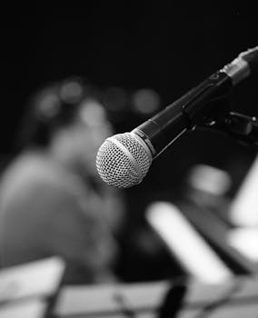 Black and white close-up of a microphone with a blurred background at a studio.
