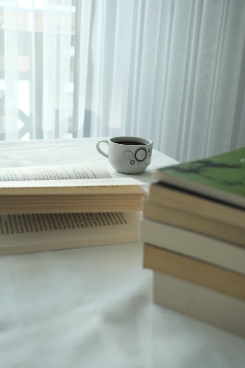 Free A peaceful indoor scene with books and a cup of coffee by the window. Stock Photo