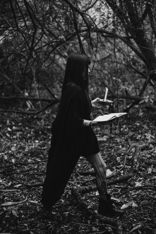 Free A woman walks through a dark forest carrying a candle and a book, creating a mysterious atmosphere. Stock Photo
