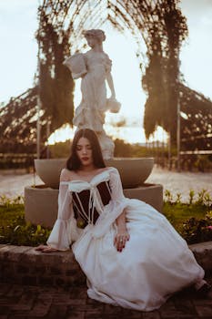 A woman in Victorian attire sits by a stone statue in a garden at sunset, embodying elegance.