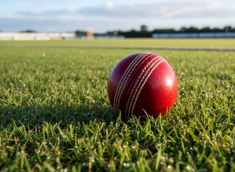 Close-up of a vibrant red cricket ball on a grass field, ideal for sports themes.