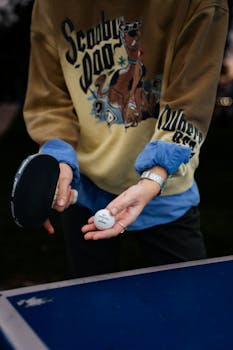 Table tennis player in themed sweatshirt prepares to serve ball on outdoor table.