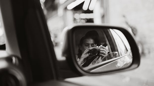 Black and white photo of a woman photographing through a car side mirror.