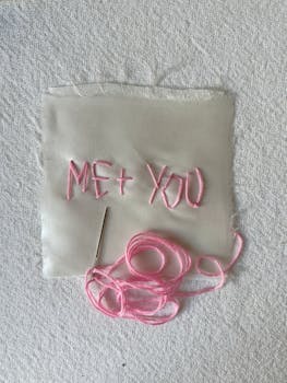 Pink thread embroidery on white fabric with 'Me + You.'
