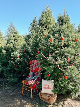 Christmas trees decorated with ornaments and festive items outdoors.