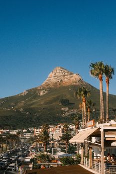 Scenic view of Lion's Head mountain with palm trees and cityscape in Cape Town, South Africa.