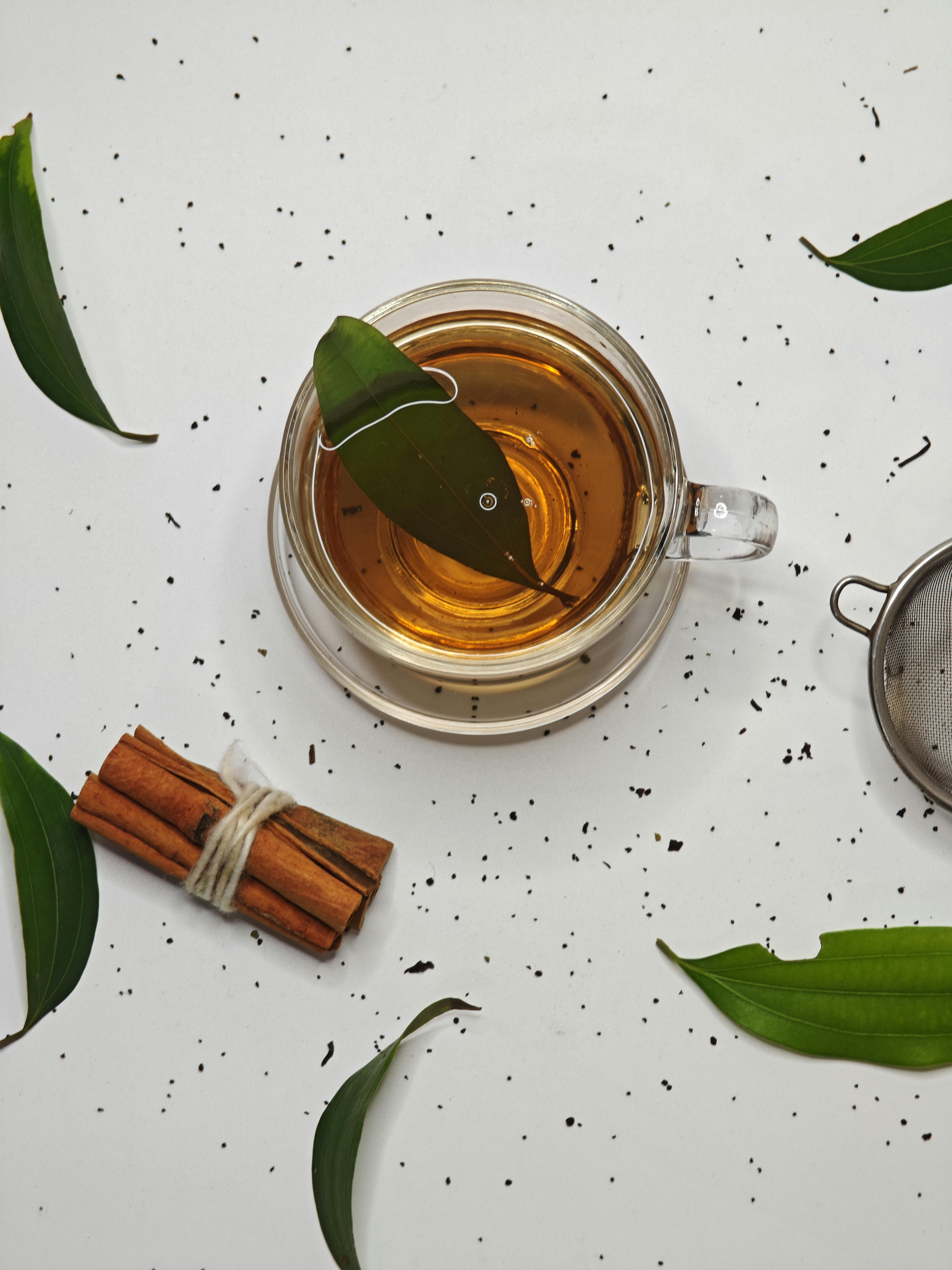 Earthy herbal tea with cinnamon sticks and green leaves on a white surface, perfect for relaxation concepts.