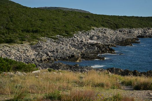 Scenic coastline with rocky terrain and lush vegetation in Montenegro, ideal for nature and travel themes.