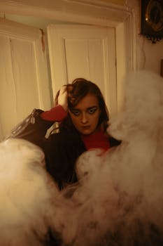 A person in a leather jacket amidst smoke in a dimly lit room, creating a dramatic mood.