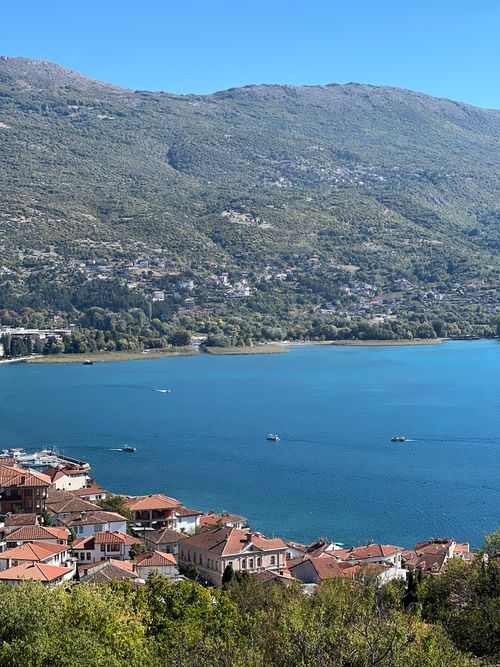 Free A stunning aerial view of Lake Ohrid surrounded by mountains in North Macedonia. Stock Photo