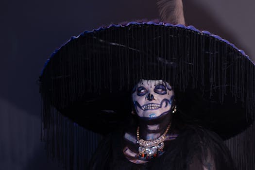 Artistic portrait of a woman in Catrina makeup and costume in a studio, Mexico City.