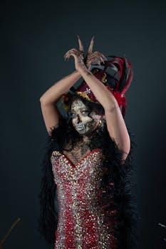 Artistic portrait of a Catrina makeup in a festive costume captured in a studio.