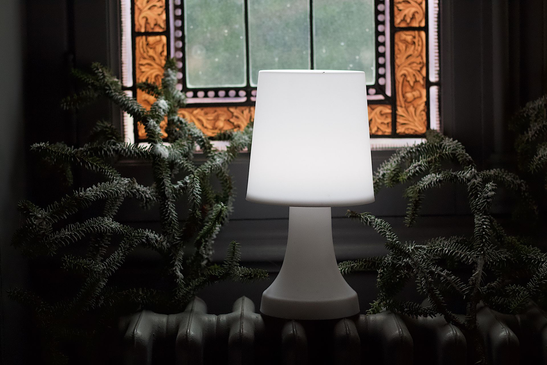 White Table Lamp on White Heater