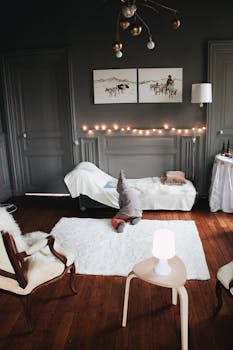 Stylish interior design in living room features elegant decor and playful atmosphere with child.