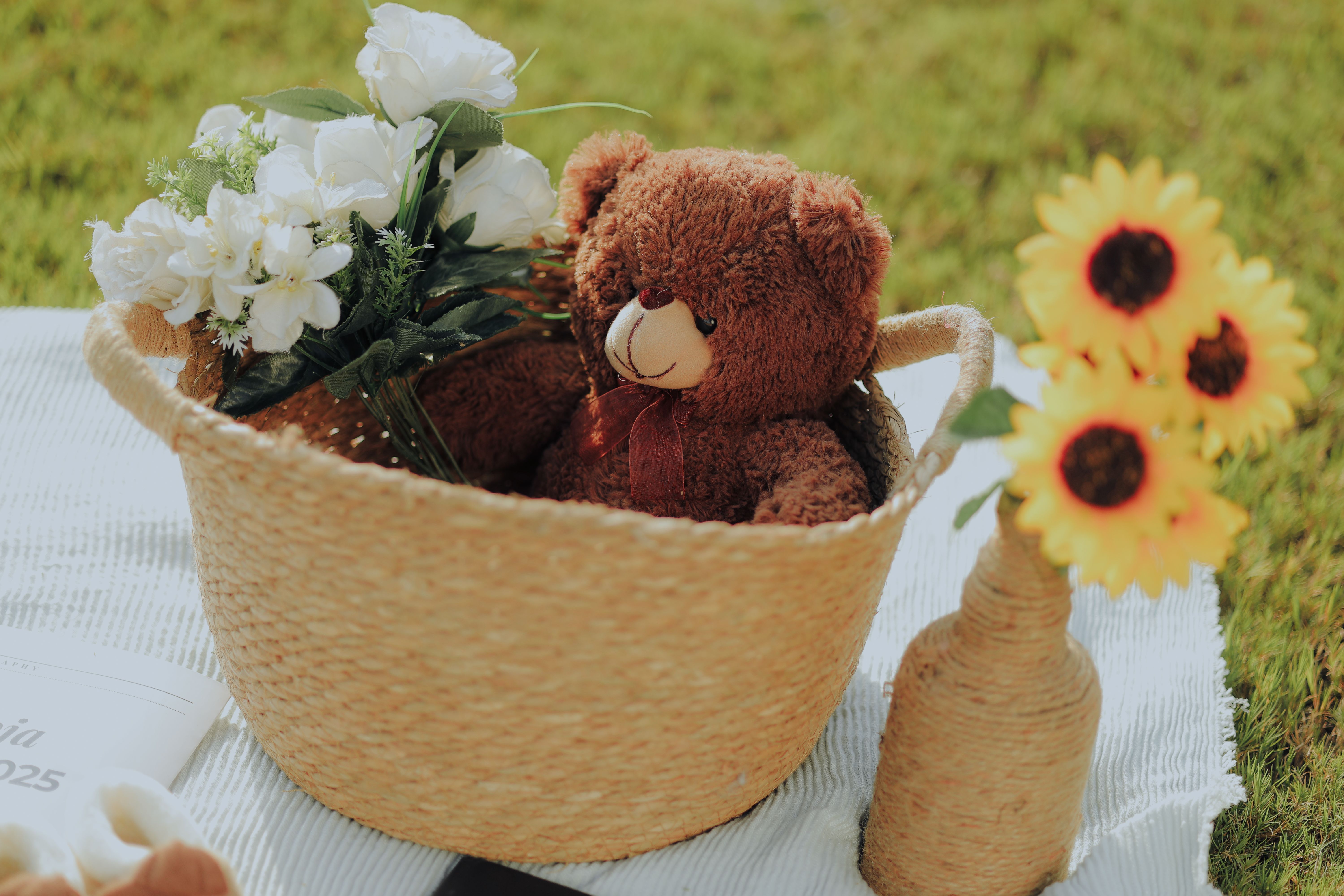 Cozy Teddy Bear in Basket with Flowers Outdoors · Free Stock Photo