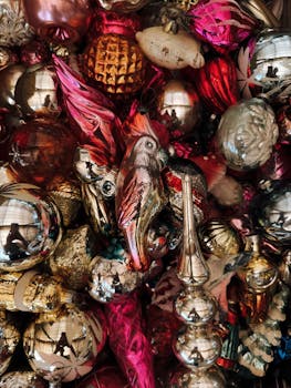 A colorful mix of vintage Christmas ornaments creating a festive vibe.