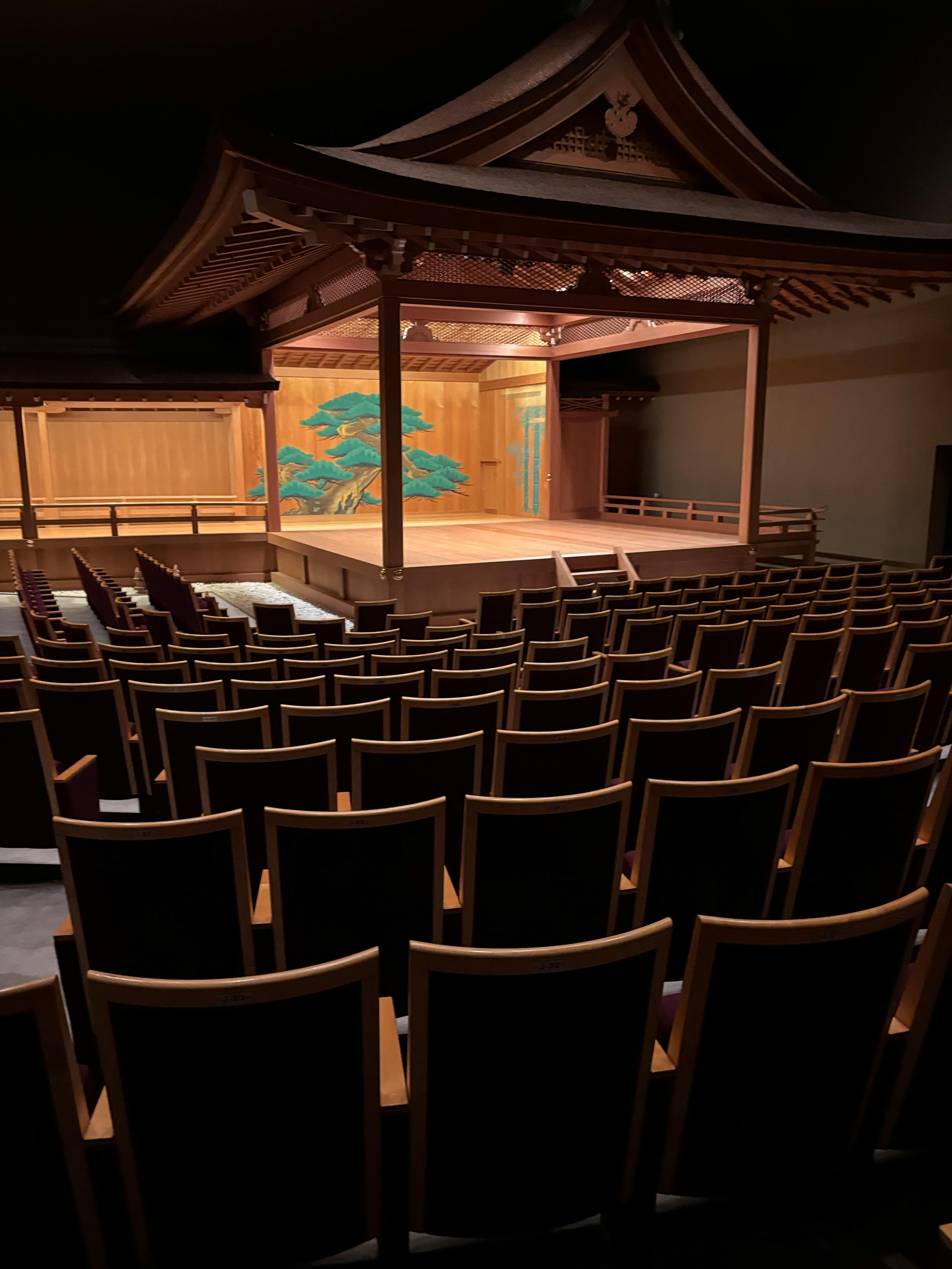 Ilmainen Sisäkuva perinteisestä japanilaisesta Noh-teatterista, jossa on tyhjiä istuimia ja lava. Kuvapankkikuva