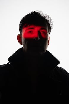 Silhouette of a male model with striking red and black lighting in a studio.