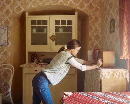 A young woman in a cozy vintage room adjusts a retro radio, creating a nostalgic atmosphere.