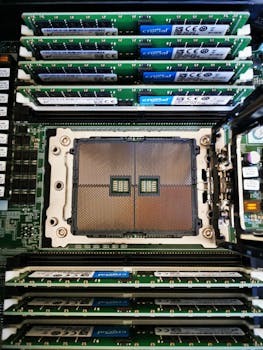 High-resolution image showing a close-up view of a computer server's processor and RAM assembly.