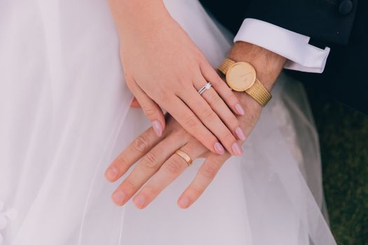 Close-up of a couple's hands with wedding rings and gold watch, symbolizing love.