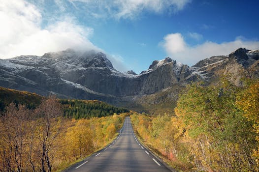 Breathtaking view of a mountain road leading through autumn foliage in Nusfjord, Norway.