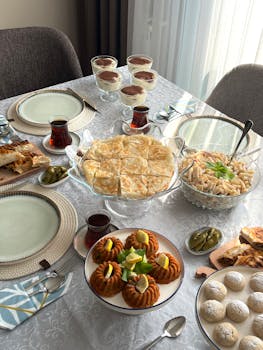 A beautifully set dining table with diverse dishes and desserts ready for a feast.