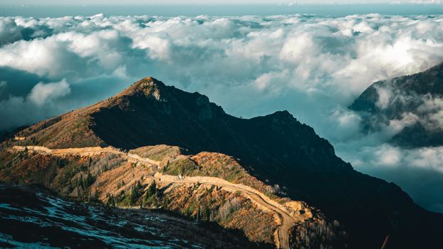 Stunning aerial view of a mountain peak in Arılı, Artvin, Türkiye surrounded by clouds.