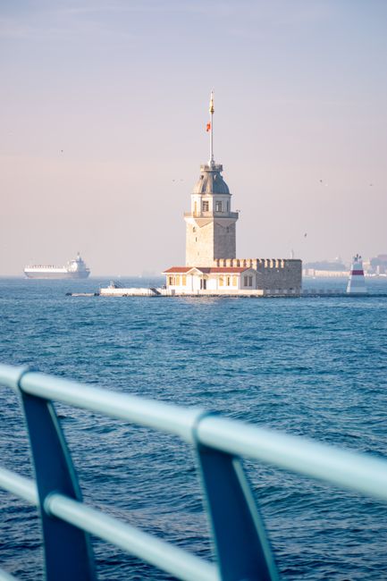 Iconic Maiden's Tower in Istanbul, viewed over tranquil blue waters under a clear sky.