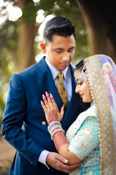 A serene moment captured between a South Asian couple in traditional wedding attire, embracing outdoors.