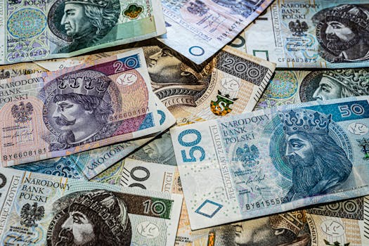 Close-up view of various Polish Zloty banknotes showcasing intricate designs.