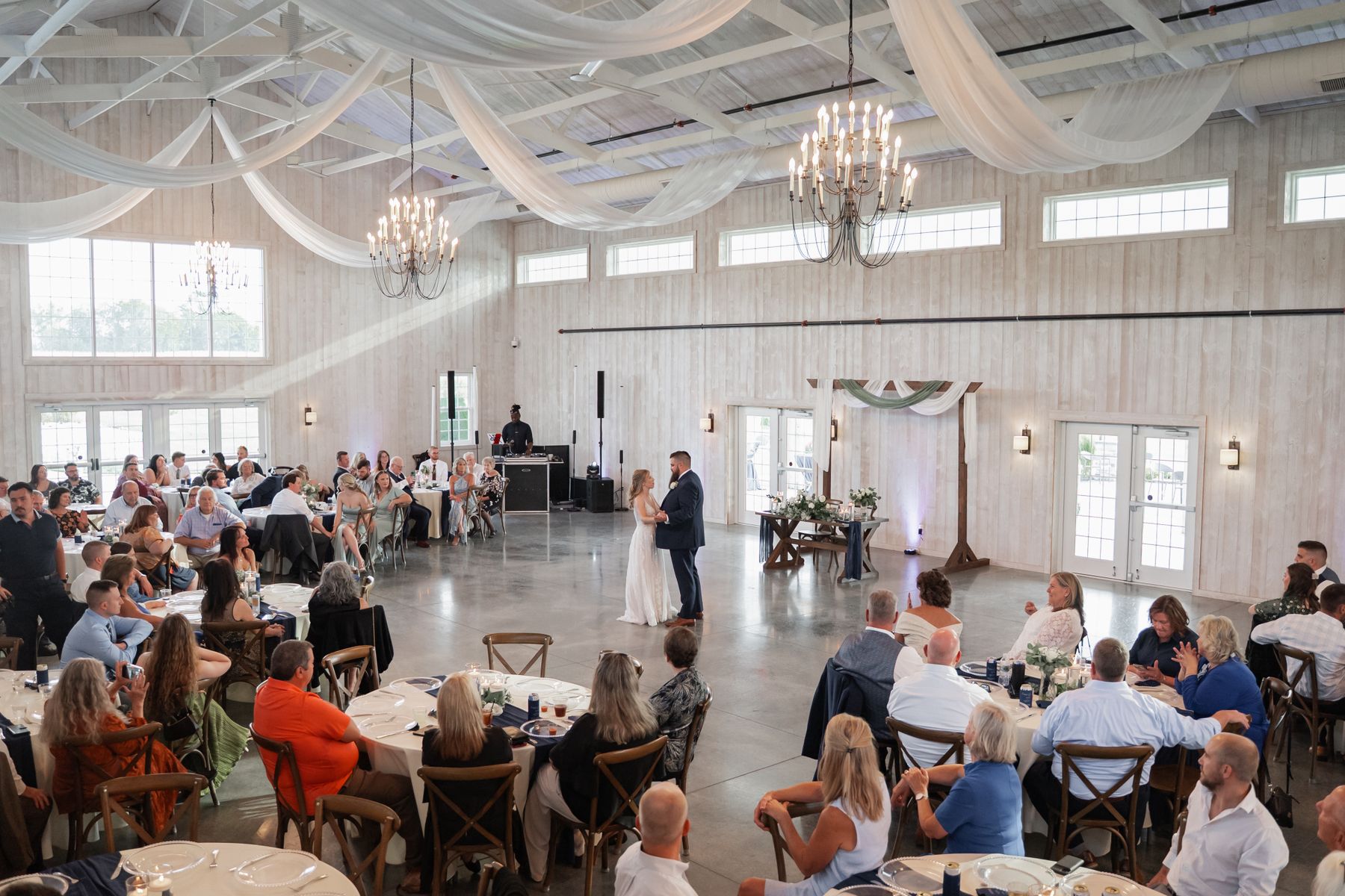 Wedding reception venue with guests, dance floor, and DJ setup considerations