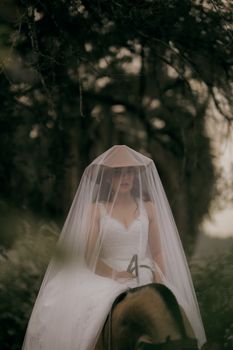 Bride in veil and dress riding horse in misty forest, dreamy and elegant.