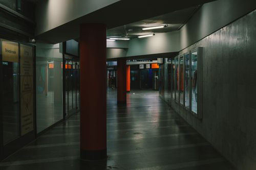 Free Dark modern corridor in a Bratislava underground passageway with dramatic lighting. Stock Photo