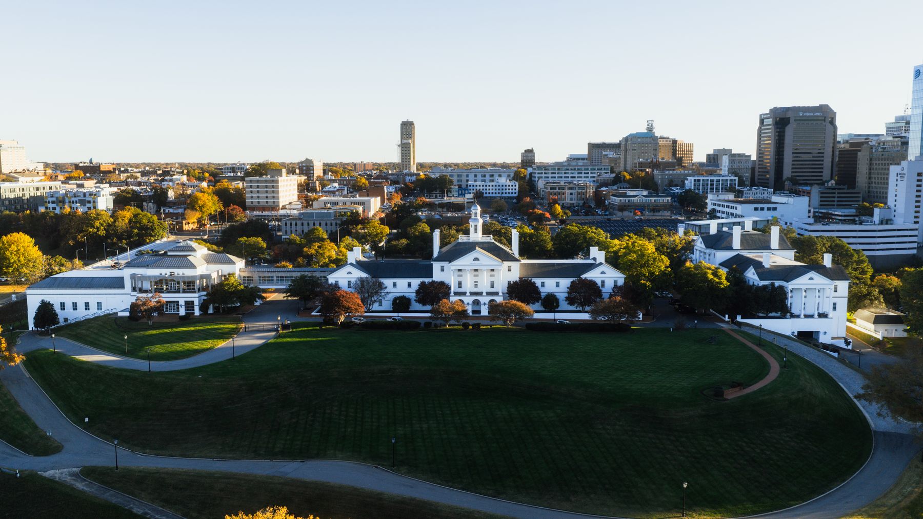 Aerial view of downtown Richmond, Virginia, illustrating the district, civic, and development context considered in preservation master planning.