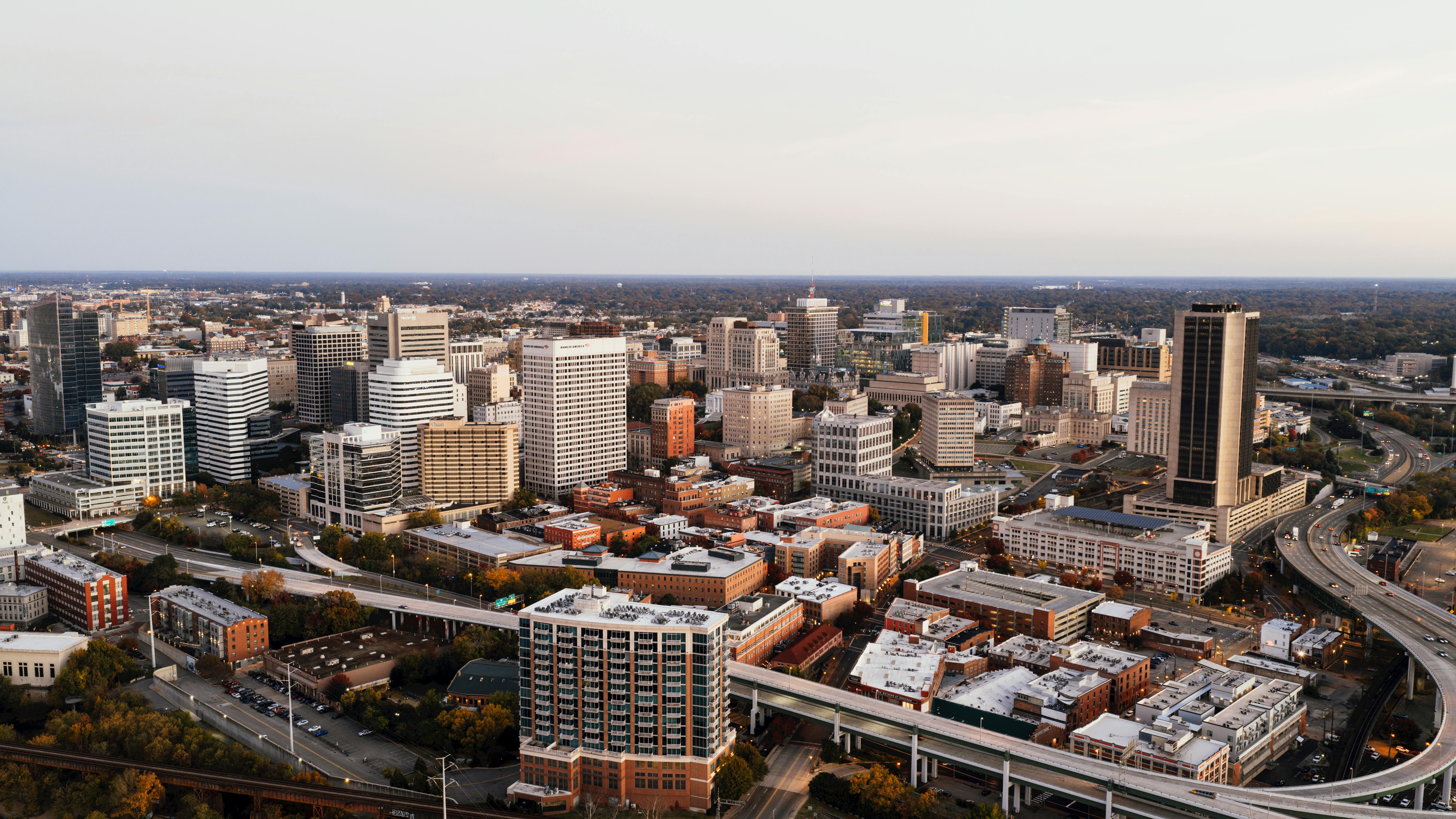 Aerial view capturing the vibrant skyline of downtown Richmond, Virginia at daytime.