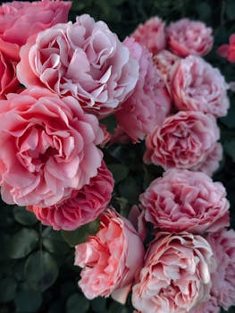 Close-up of beautiful pink roses in full bloom with lush greenery.