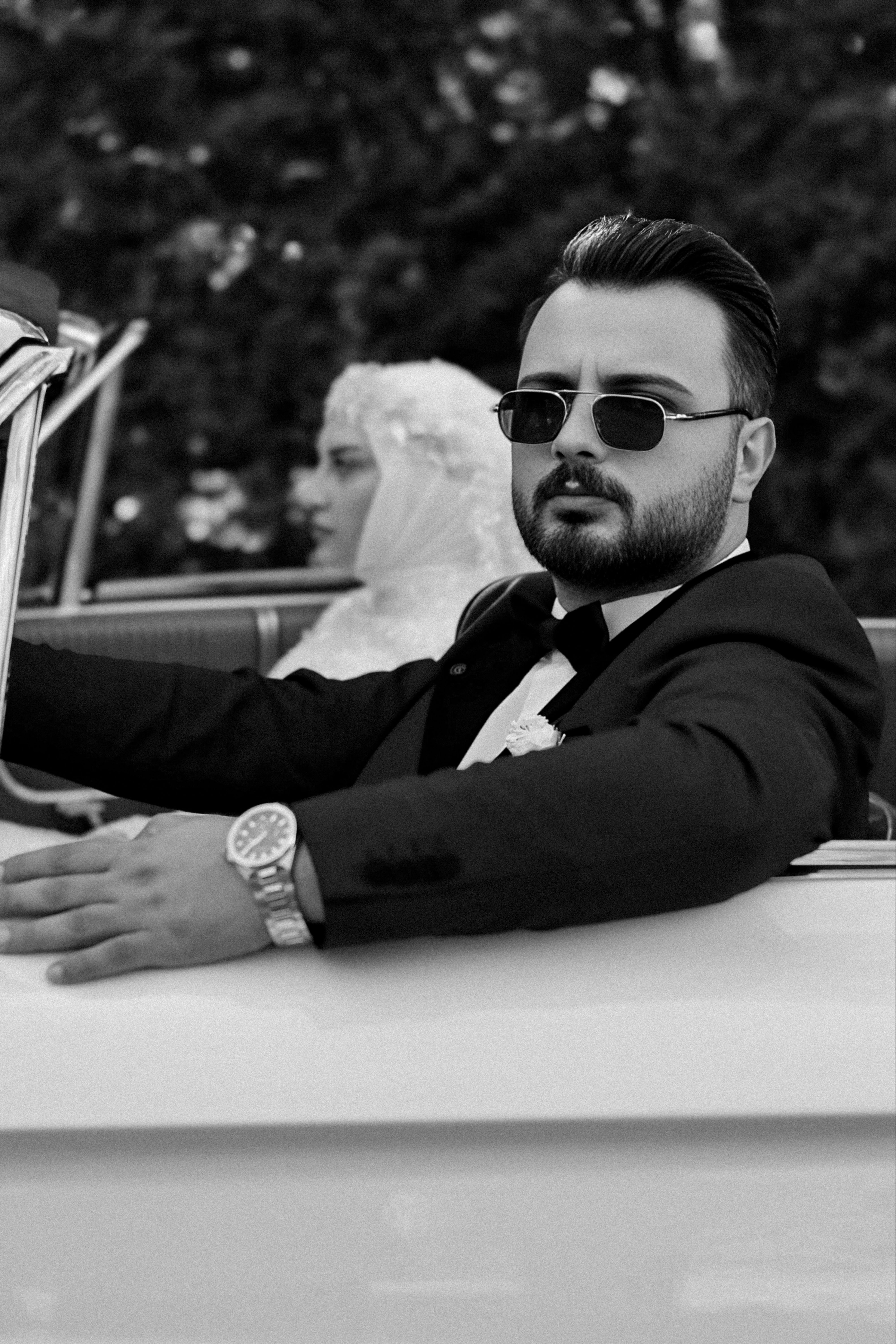 Black and White Vintage Wedding Car Ride