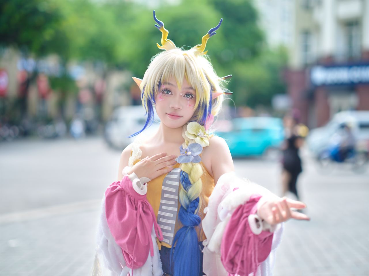 colorful character cosplay scene featuring a vibrant costume in an urb